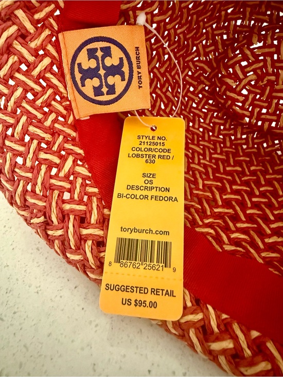 Tory Burch Lobster Red and Natural Woven Straw Fedora with Red Ribbon main image 5